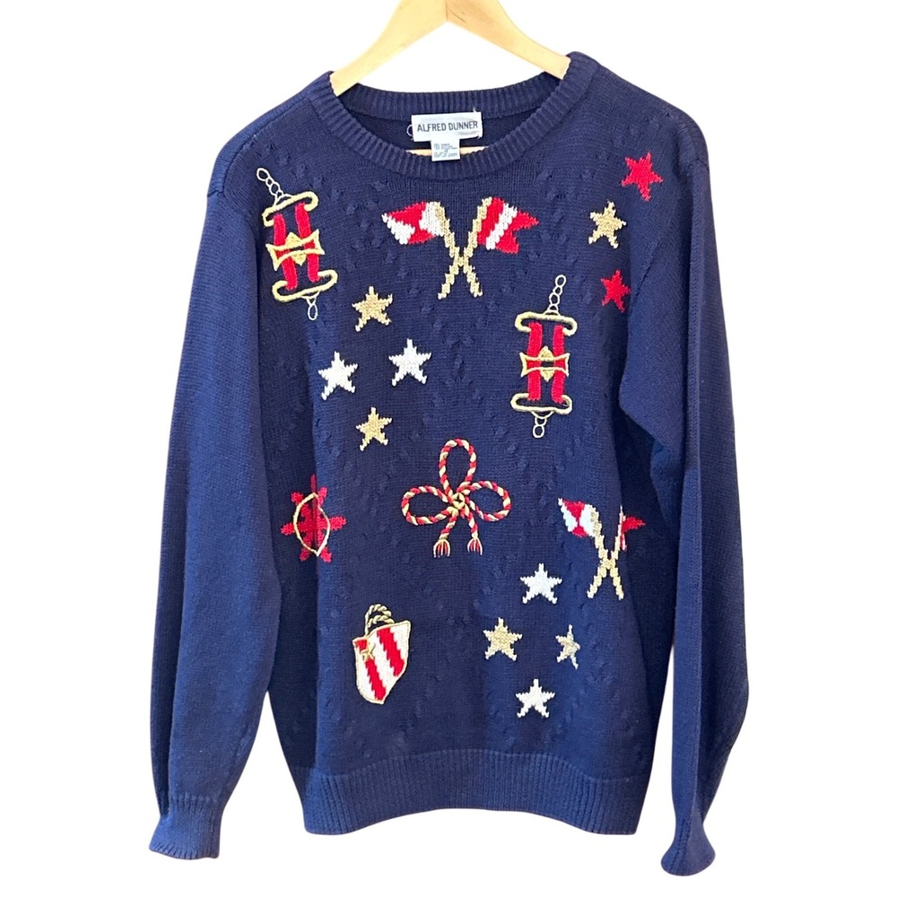 Vintage Alfred Dunner Nautical Sweater Ramie Cotton Stars Flags Navy Novelty M